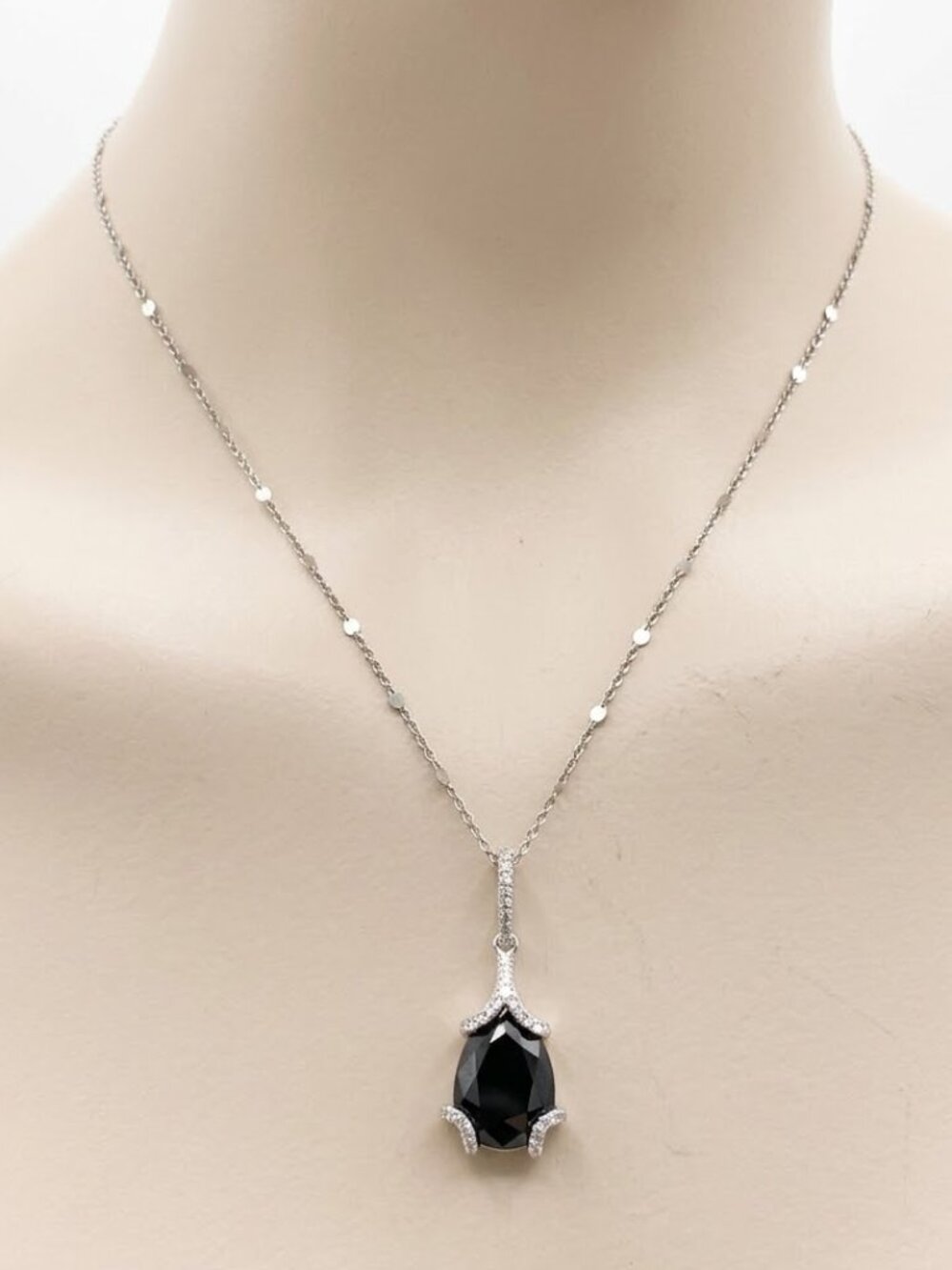 Fifth Ave Collection Rhodium Silver Black Pear Cut Crystal Pendant Necklace NWT